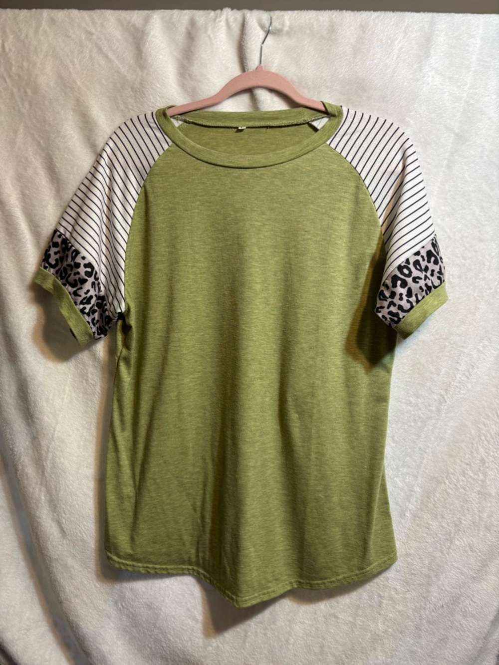 Olive Green Raglan Sleeve Top with Stripe and Leopard Accents